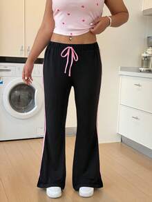 ZzzCrew Plus Size Women's Simple Pink Striped Decor Comfortable Soft Elastic Knit Leggings With Faux Drawstring, Minimalist Sporty Casual Lounge Pants - Black - View 6