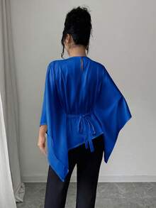 Rafferiza 女士纯色蝙蝠袖优雅休闲宽松领衬衫 - 藍色 - 查看 2