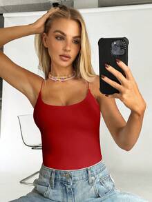 SHEIN EZwear 女士夏季时尚纯红色露背吊带背心 - 紅色 - 查看 5
