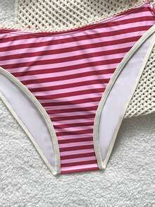 SHEIN Teen Girls Pink Summer Beach Holiday Spaghetti Strap Bikini Set,Contrast Color Two Pieces Bathing Suits,Minimalist Striped Swimwears Outfit - Hot Pink - View 6