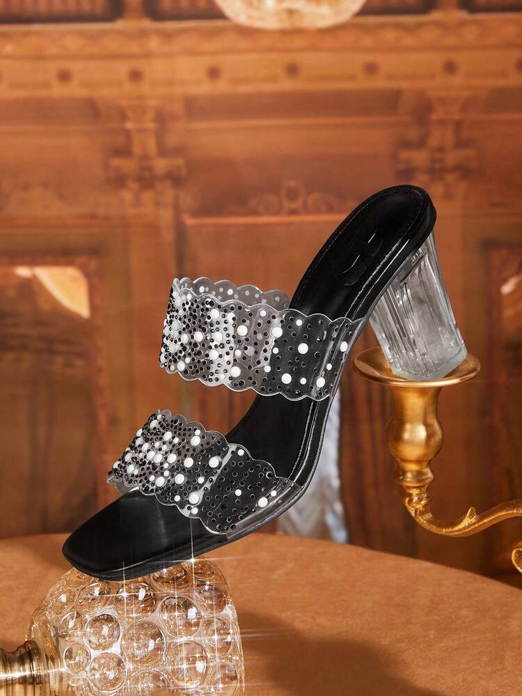 CUCCOO TILAWA Women's Fashion Charming Crystal Diamond Decorative Cone Heel Sandals, Pearls, Transparent TPU Material, Square Head Comfortable Casual Sandals, Suitable For Parties, Weddings, Parties, Spring, Summer And Autumn Christmas Wear, Women's Slippers