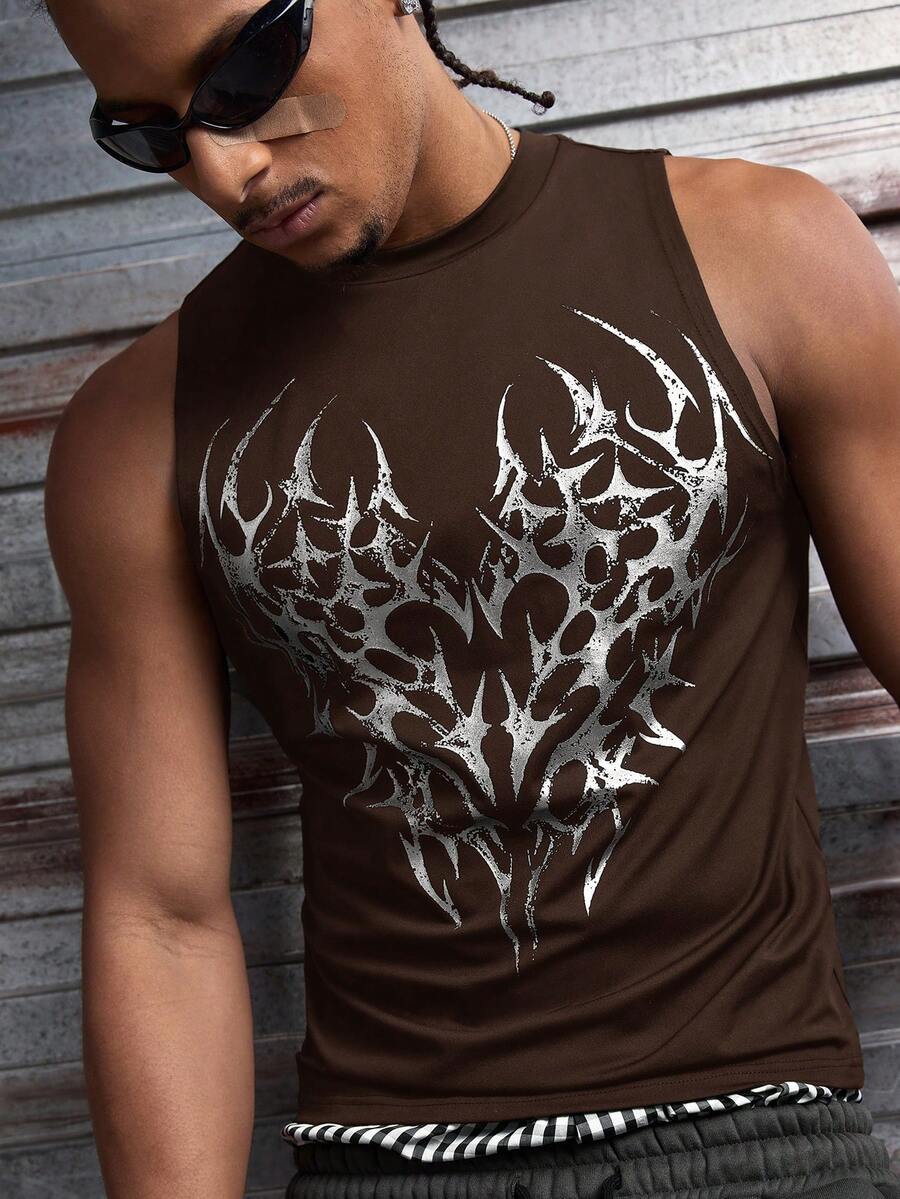 AXEPEAK Men's Hip Hop Street Graphic Print Round Neck Tank Top, Versatile - Coffee Brown - View 1