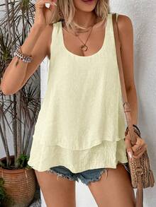 SHEIN Franclia Women's Solid Color Round Neck Casual Tropical Versatile Daily Wear Top Vacation Pale Yellow Summer - Apricot - View 4