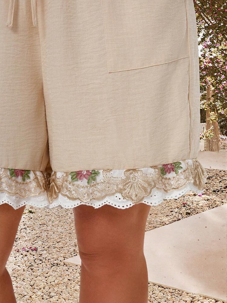 EMERY ROSE Plus Size Women's Summer Casual Vacation Drawstring Waist Patchwork Embroidered Mesh Schiffy Ruffle Hem Loose Shorts - Khaki - View 4