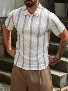 VENTUSAIL 男士休闲撞色条纹Polo衫，夏季 - 棕色 - 查看 4