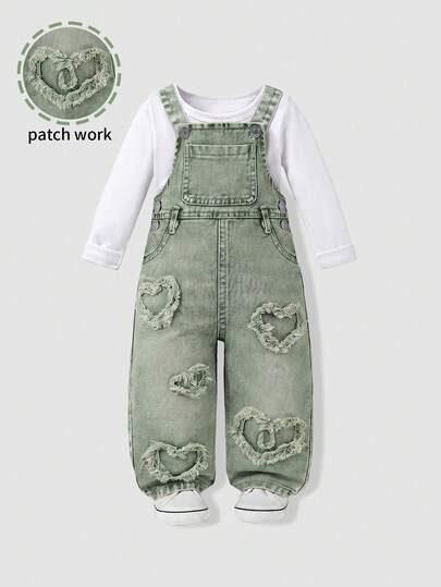 SHEIN Playful Pals Baby Girl Heart Trim Casual Pocket Denim Bib Overall Pants