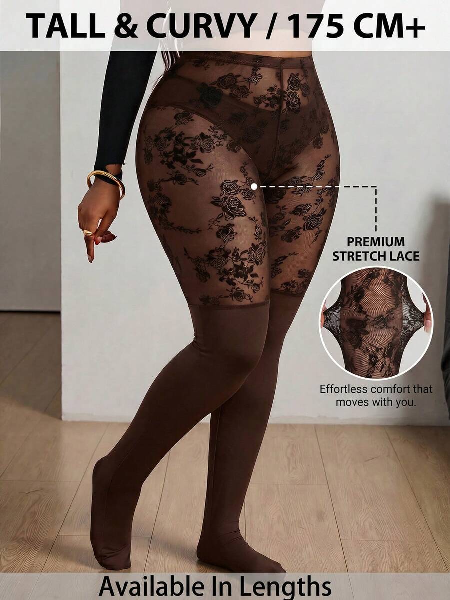 SHEIN PETITE CURVE 女士加大码，情人节，情人节长筒袜，黑色加大码紧身裤，防滑过膝长筒袜，黑色网眼拼接打底裤，休闲日常穿着，简约时尚 - 棕色 - 查看 1
