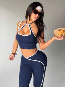 SHEIN Dewbera Bộ đồ tập yoga liền mạch dành cho nữ - Màu xanh hải quân - Xem 3