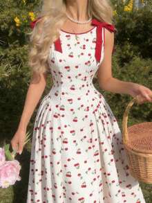 Vestido casual caqui con cuello redondo, sin mangas, con ribete de contraste, decoración de lazo en la cintura y bajo acampanado - Rojo y blanco - Ver 6