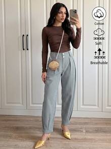 Xyvia Pantalones rectos de cintura alta con pliegues, de estilo elegante y casual, a rayas blancas y negras con doble hebilla, para mujer, primavera/verano - Blanco y Negro - Ver 7
