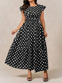 SHEIN LUNE Plus Size Round Neck Brown Polka Dot Dress With Ruched Waist Gym Summer - Black - View 5