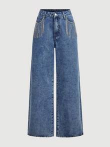SHEIN MOD Women's Rhinestone Tassel Decor Slant Pocket Solid Color Casual Wide Leg Jeans - Blue - View 1