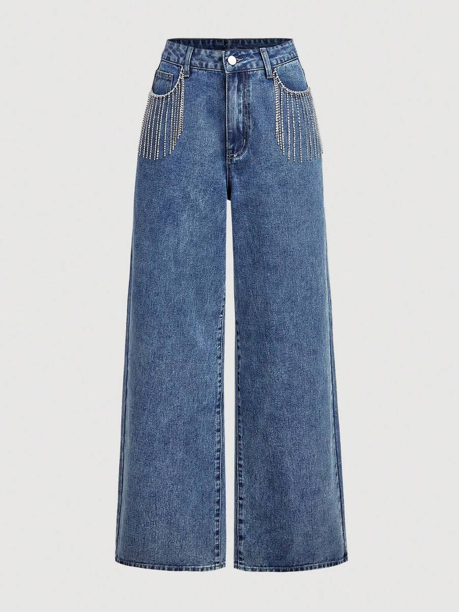 SHEIN MOD Women's Rhinestone Tassel Decor Slant Pocket Solid Color Casual Wide Leg Jeans - Blue - View 1