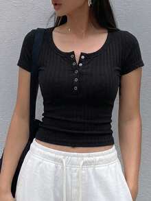 Camiseta casual de manga corta con botones y media cartera de unicolor para mujer - Negro - Ver 6