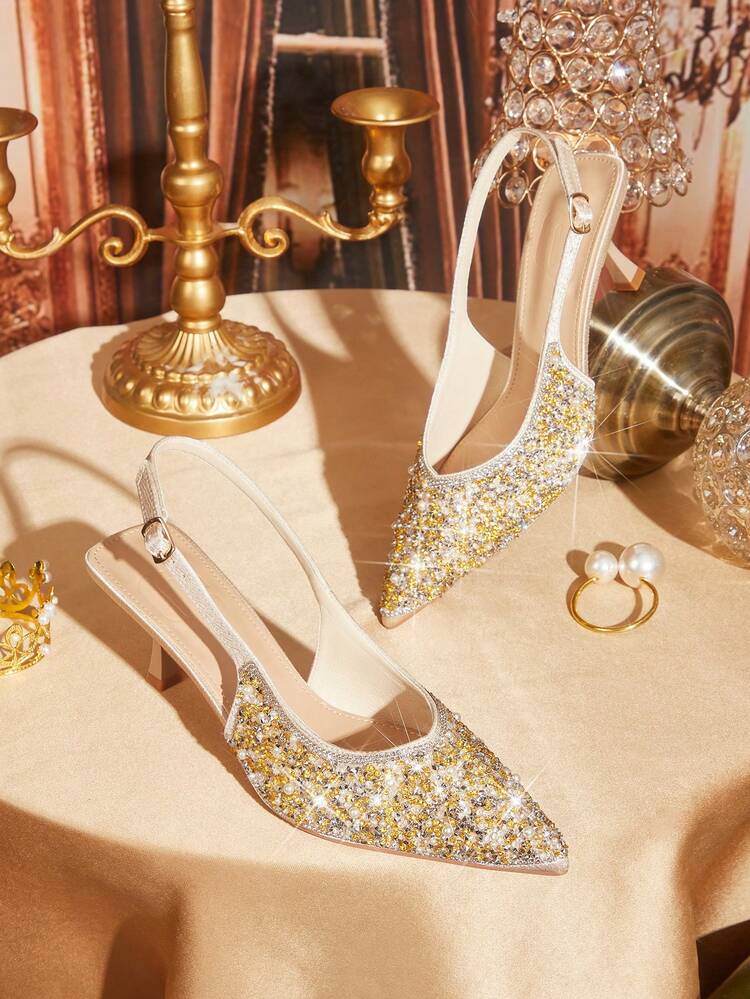 CUCCOO TILAWA Women's Shoes Pointed Champagne Rhinestone Pearl Decoration Back Strap Fashionable Gorgeous Wear Party Shoes Stiletto High Heel Sandals