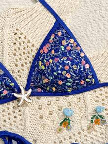 Bonvoyette Bộ bikini hai mảnh màu sâm panh cao cấp thêu sequin lấp lánh, kiểu dáng thời thượng, thích hợp cho các buổi tiệc trà chiều, nâng ngực, buộc dây bên hông, dành cho nữ. - Nhiều màu - Xem 5