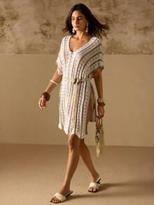 Swim Chiccia Vestido de playa tipo pareo con cuello en V y rayas para mujeres, estilo vacacional - Multicolor - Ver 5