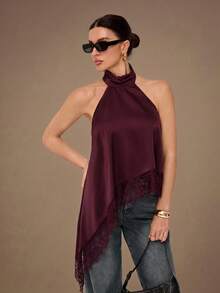 SHEIN Tall Top de camisola sin espalda con adorno de encaje elegante, blusa sin mangas de satén con parches sexy para fiestas, cócteles, ocasiones formales, Navidad, casual de negocios - Burdeos - Ver 4