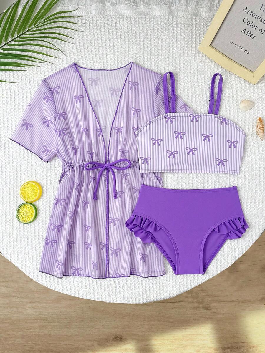SHEIN GraphicGems Conjunto de Maiô para Menina Jovem, Maiô Listrado com Borboleta Rosa e Capa de Tule, Conjunto de Shorts de Banho com Babado Floral Rosa, Adequado para Verão, Primavera, Outono, Férias/Praia/Parque Aquático/Natação, Doce, Minimalista, Urbano, Fashionable - Malva - Visão 1