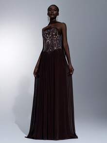 Elitara Elegant Minimalist Asymmetric Pleated Rhinestone Embellished Sexy Ruffle Hem Strapless Maxi Dress (Detachable Strapless), Formal Evening Gown - Coffee Brown - View 4