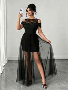 Celure Plus-Size Elegant Dress Round Neck Lace A-Line Women Dresses For Party Date Night Black Summer - Black - View 1