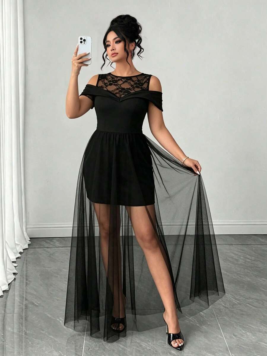 Celure Plus-Size Elegant Dress Round Neck Lace A-Line Women Dresses For Party Date Night Black Summer - Black - View 1