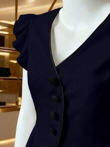 Franclia 女士优雅日常通勤简约纯色V领荷叶边袖口修身衬衫，夏季 - 藏蓝色 - 查看 5