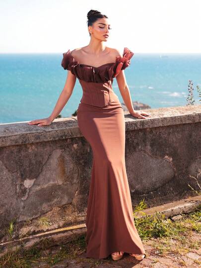 Aureia Elegant, Romantic, Fashionable Brown Elastic Fabric Organza Patchwork Pleated Decor Fish Bone Decor Bust Cup Fish Tail Hem Elegant Party Dress, Wedding Guest Dress, Bachelorette Party Dress, Formal Evening Gown