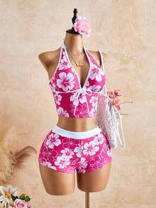 Bellisia Bộ đồ hai mảnh phối màu họa tiết hoa gợi cảm dành cho nữ, phù hợp cho các lễ hội âm nhạc châu Âu và Mỹ, tiệc bãi biển mùa xuân/hè, trang phục nghỉ hè táo bạo và phá cách. - Hồng - Xem 3