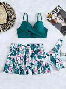SHEIN Swim 夏日海灘3入組熱帶印花推桿比基尼和沙灘裙 - 綠色 - 查看 7