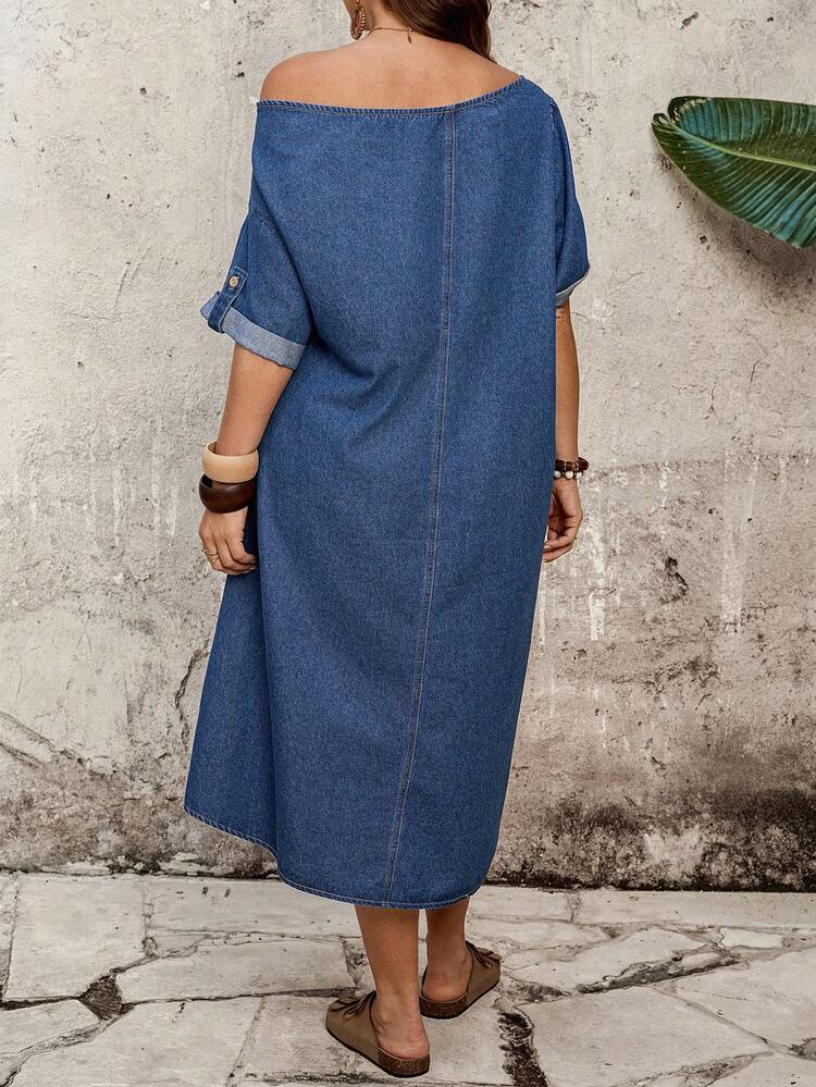 EMERY ROSE Mature Denim Đầm denim dáng rộng, vạt bất đối xứng, cỡ lớn, mùa hè, có túi. - Màu xanh lam - Xem 2