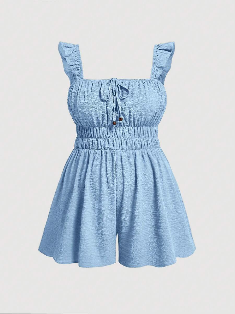 SHEIN MOD Mono de talla grande con detalle de volantes, tirantes centrales delanteros y decoración de cuentas de madera en verde aguacate y gris verde - Azul - Ver 1