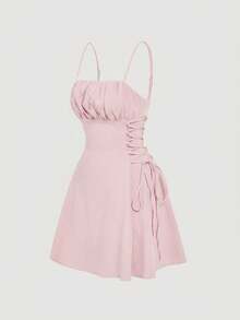 SHEIN MOD Vestido de mujer de unicolor con pliegues en el busto, atado a los lados y tirantes de espagueti - Rosa Pálido - Ver 6