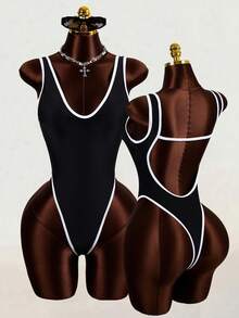 Swim SXY 1pc Women's Sexy Solid Color Deep V-Neck Backless High-Cut One-Piece Swimsuit - Black - View 3