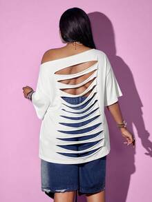 Maweii Plus Size Women's Rave Backless Ripped Letter Print Oblique Shoulder White T-Shirt, Casual For None, Back-To-School Daily Wear Date Night Summer - White - View 2