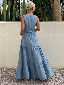 Livesso Bộ đồ 2 món gồm áo khoác denim không tay và chân váy xòe, thiết kế thường ngày cho mùa xuân và hè, thích hợp cho nữ. - Rửa nhẹ - Xem 6