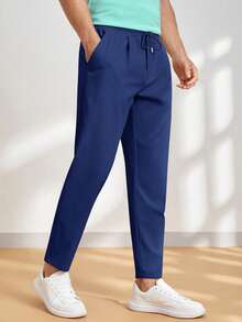 HIMLAND Pantalones casuales de hombre de unicolor con cordón en la cintura, ajuste delgado, adecuados para el uso diario - Azul - Ver 6