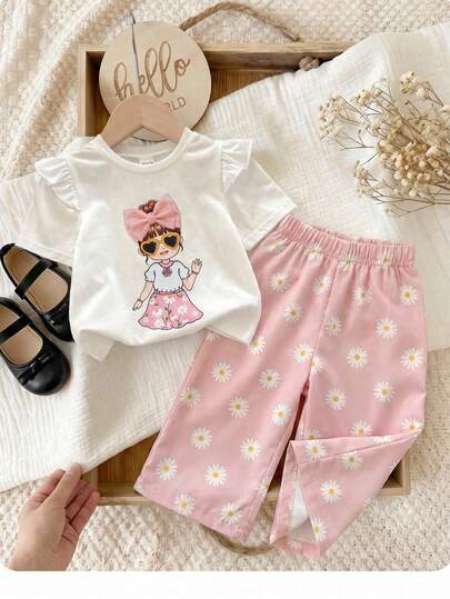 SHEIN 2-Piece Baby Girl Summer Cute And Versatile Pattern Short-Sleeve T-Shirt Set With Elastic Waist And All-Over Floral Print. Suitable For Birthday Parties, Parties, Performances, Weddings, Baptisms, School Ceremonies, And Outings.