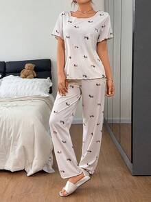 Dream Adore Cute Puppy Print Knitted Jacquard Trim Short Sleeve & Pants 2 Pieces Pajama Set - Multicolor - View 3