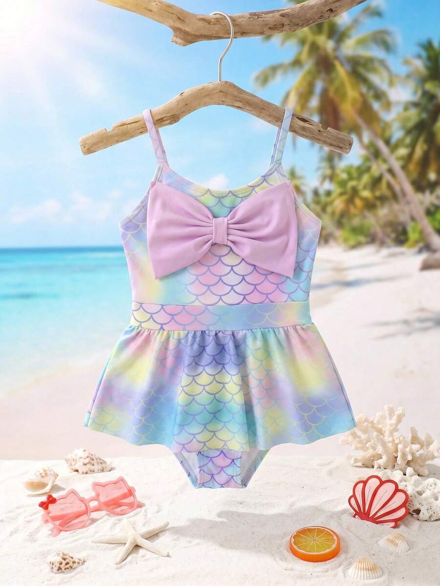 SHEIN 女童美人鱼印花蝴蝶结可爱泳衣,运动、沙滩、度假、游泳,休闲又有趣 - 彩色 - 查看 1