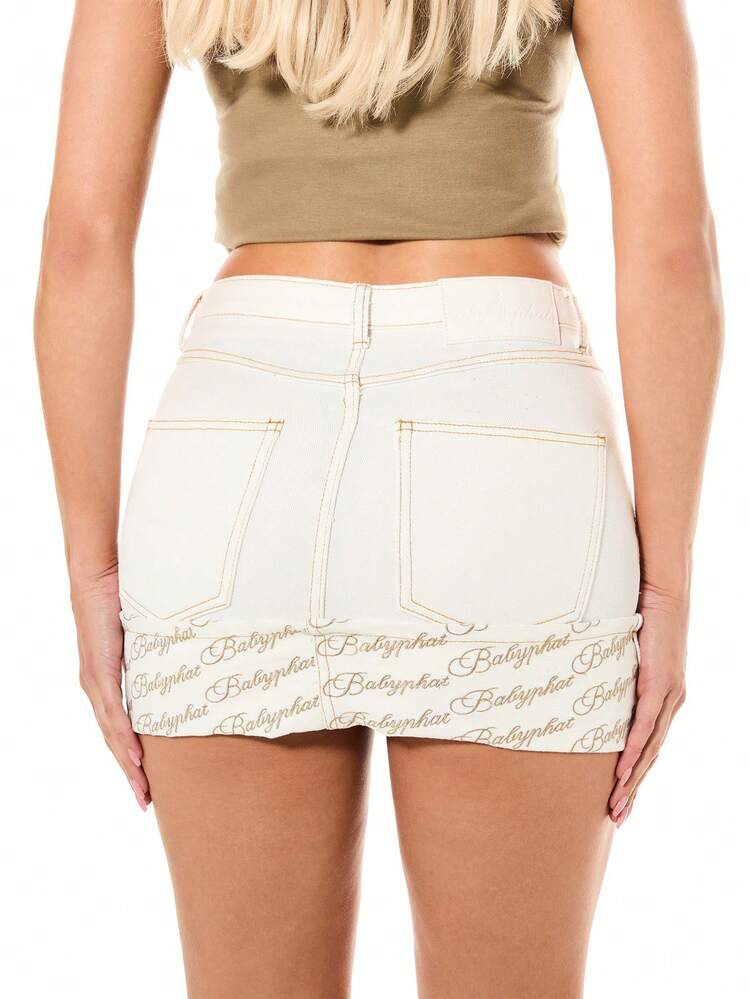 BABYPHAT High Rise Light Wash White Denim Mini Skirt With Logo Detail Turn Up Hem Pencil Fit Classic Casual Summer Spring