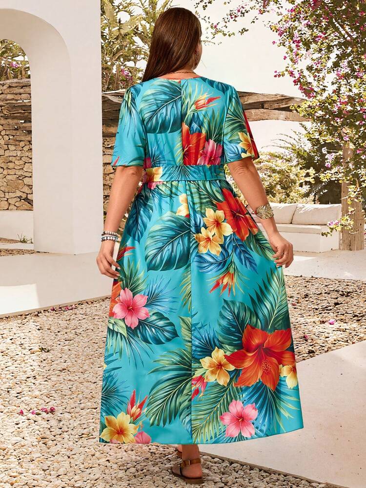 Plus Size Women Tropical Plant Print Ruffle Sleeve Dress Tropical Dresses Women Vacation Outfits Women Hawaiian Outfit For Women Dress Zanzea Dress For Women Plus Size New Arrival Dress For Women Casual