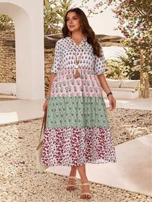 EMERY ROSE Plus Size Women's Summer Beach Vacation Style Patchwork Print Puff Short Sleeve Tiered Hem Dress - Multicolor - View 5