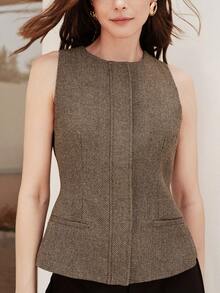 Nueva blusa elegante y chic de diseño de tela de espiga con cremallera, cuello redondo y sin mangas para mujer - Albaricoque - Ver 4