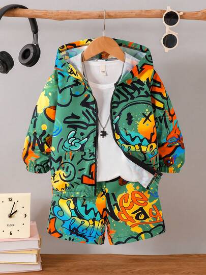 Bộ 2 món gồm áo khoác và quần short in hình graffiti dành cho bé trai, thích hợp cho các hoạt động thường ngày, đi học, thể thao, mùa xuân/hè/thu.