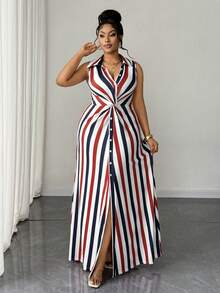 Maweii Plus Size Women's Elegant Colorful Striped Casual Striped Knit Twist Design Long Dress - Multicolor - View 1