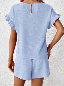 SHEIN Essnce 2pcs Women Short Sleeve Top & Elastic Waist Shorts Set,Summer Outfits For Women - Blue - View 2