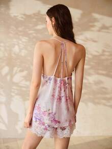 MOTF PREMIUM 2 PEÇAS CONJUNTO DE PIJAMA COM TOP CAMISOLE E SHORTS COM ESTAMPA DE RETALHOS DE RENDA, PRIMAVERA/VERÃO - Malva - Visão 1