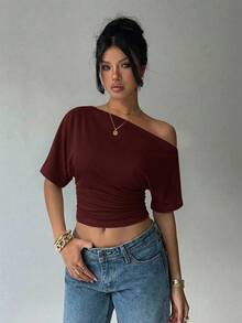 Aloruh Asymmetric Shoulder Loose Top With Cinched Waist, Minimalist Basic T-Shirt,Summer Top - Burgundy - View 6