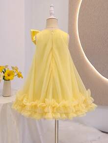 Young Girl Solid Color Bow Decor Mesh Patchwork Sleeveless Dress - Yellow - View 2